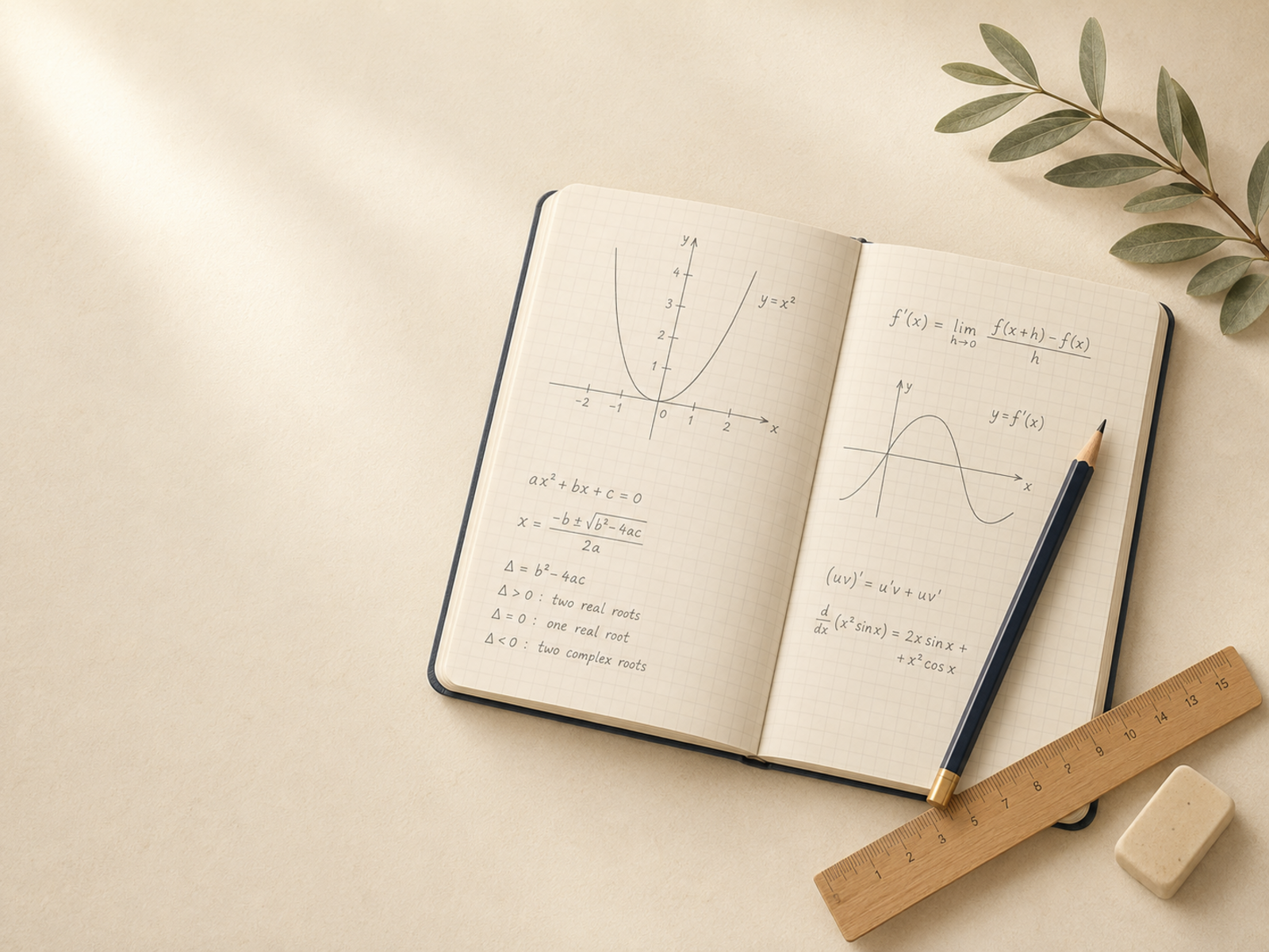 An open graph-paper notebook, pencil, ruler, and mathematical sketches on a warm study desk